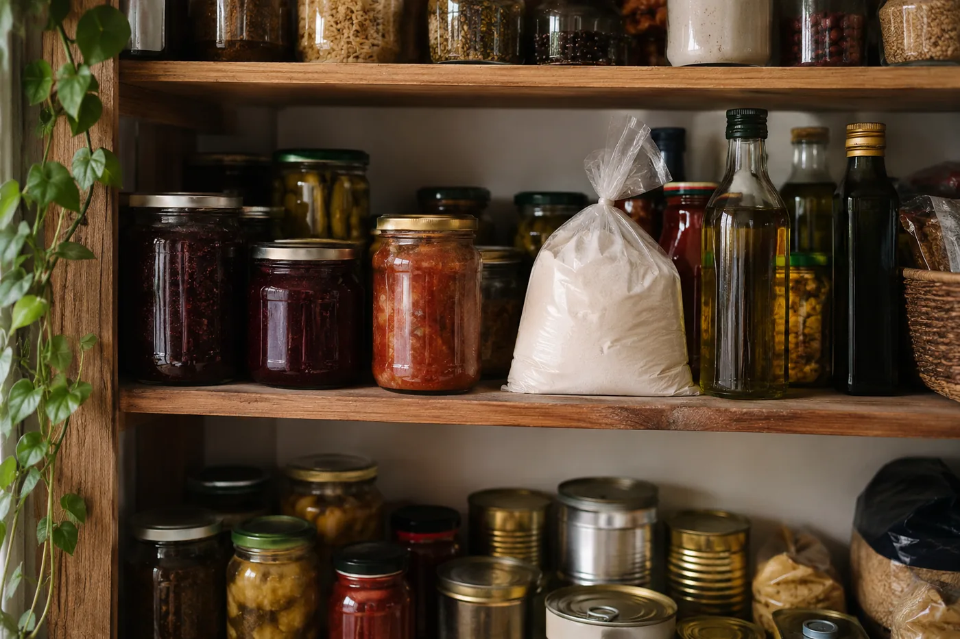 Cămară cu borcane de conserve și sticle de ulei pe rafturi de lemn